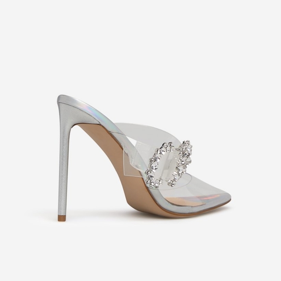 #NWT- CLEAR /SILVER SIZE 7.5 STILETTO HEELPOINTED TOE BUCKLE DETAIL - Picture 3 of 7